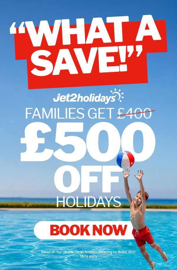 Jet2holidays sale poster: half-term family holidays from £500, book now, bright red and yellow.