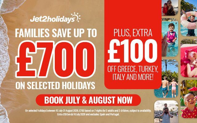 Jet2holidays promo ad with families save up to £700 and extra £100 off selected holidays