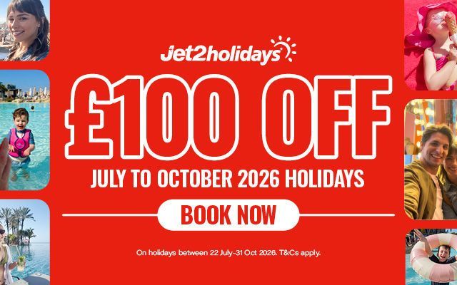 Jet2holidays promo ad with families save up to £700 and extra £100 off selected holidays