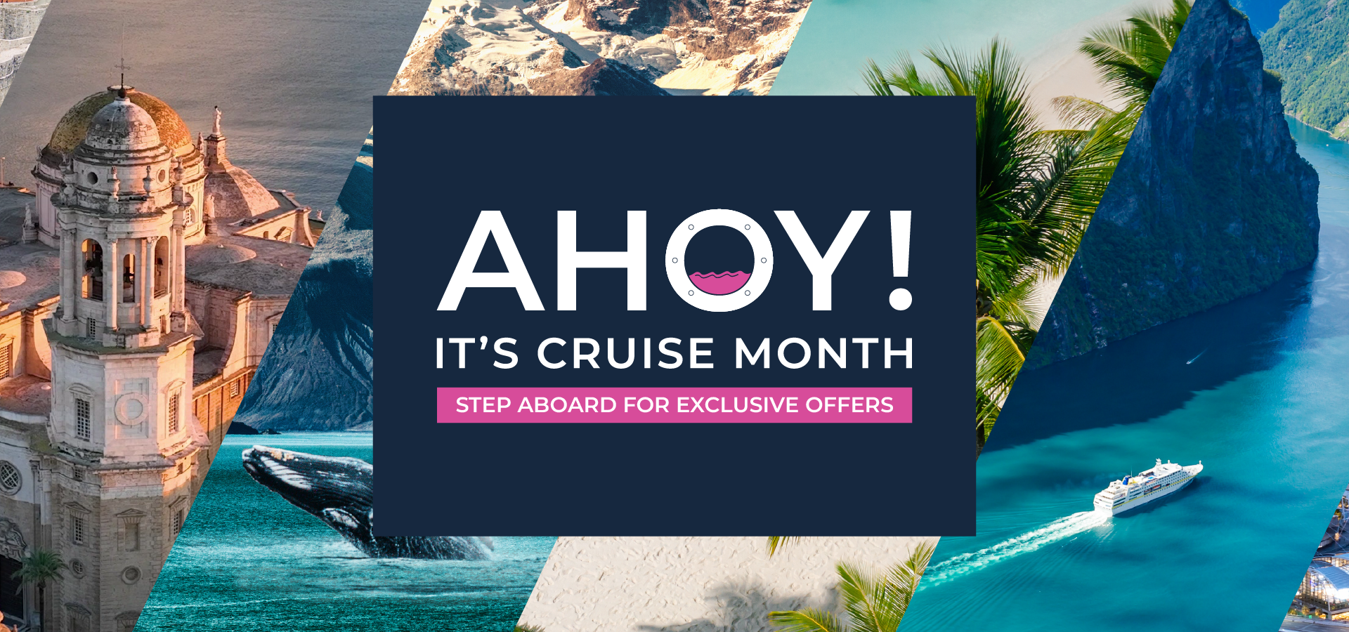 Cruise month promo over ocean and island, with colorful discount offer boxes and “Up to” savings text