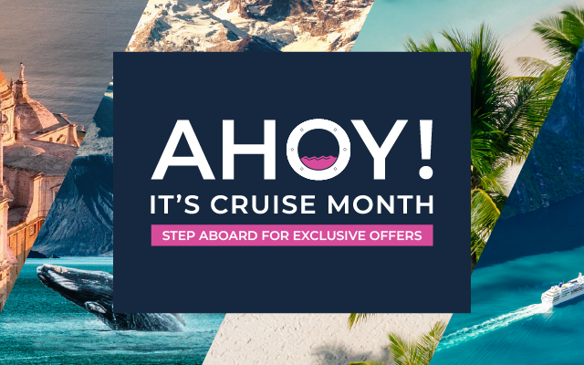 Cruise Month sale poster with stacked blue and purple offer boxes and scenic cruise ship background