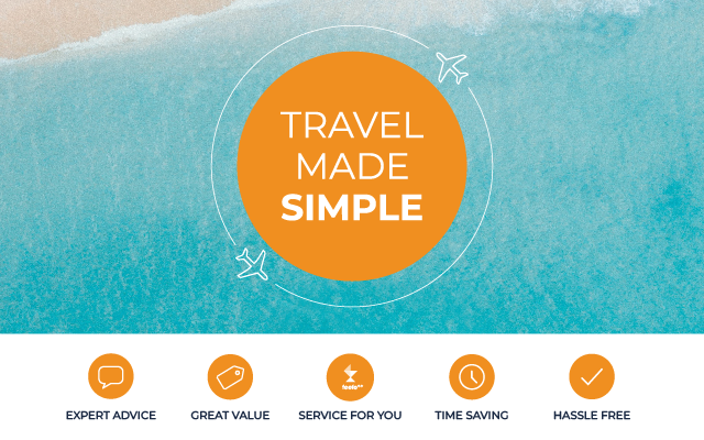 Orange "TRAVEL MADE SIMPLE" logo over a blue watercolor background with five travel benefit icons below