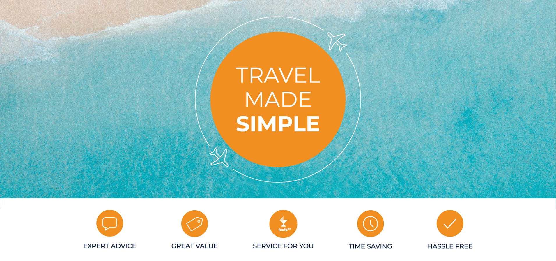 Orange circle reading “TRAVEL MADE SIMPLE” on a blue watercolor banner with small travel icons below