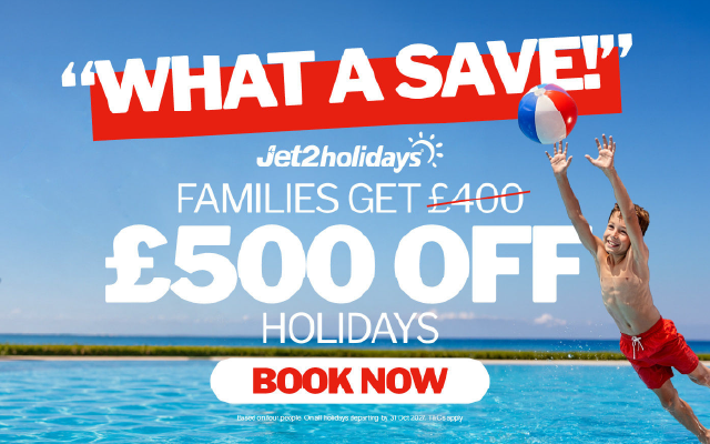 Jet2holidays ad with a boy jumping by a beach ball, “£500 off holidays” and “Book now” text