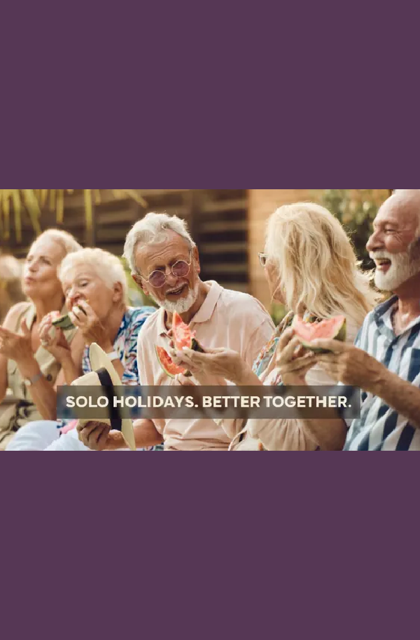 Golden landscape banner with smiling elderly people and bold text saying ' Solo Holidays Better Together'