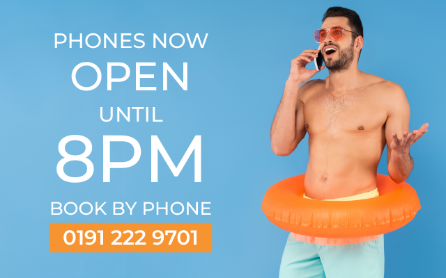 Phone our stores ad: shirtless man in orange float ring, phone number, “Phones now open until 8PM.”