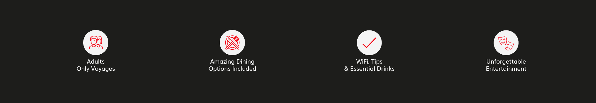 Dark banner with four small circular icons and short labels spaced across the center.