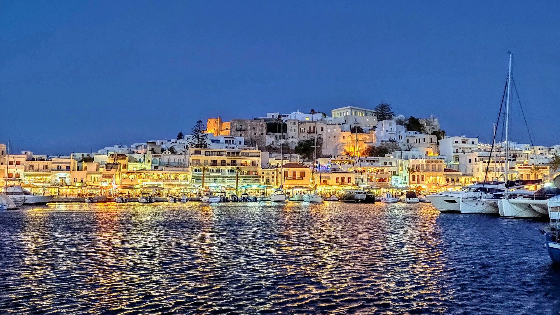 Night view of the town of Naxos Port