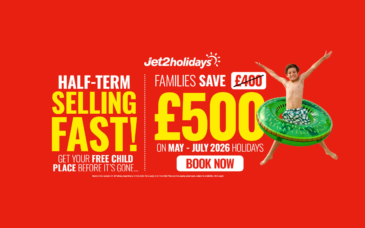 Red Jet2holidays ad: “Lock in your holiday price,” families save £500, book now.