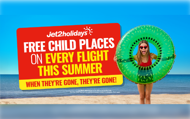 Red holiday sale banner: Jet2holidays “Half-term selling fast,” families save £500, book now button, boy in float ring