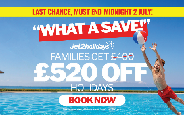 Jet2holidays ad with a boy jumping by a beach ball, “£500 off holidays” and “Book now” text