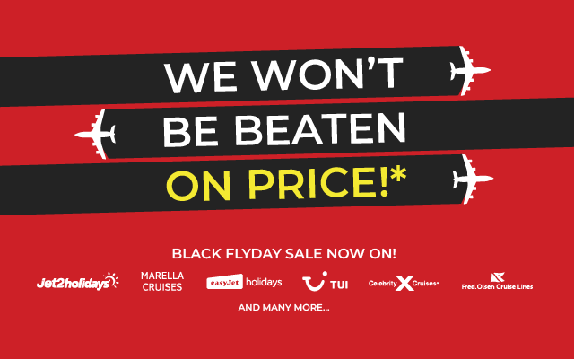 Black Flyday sale banner with up to £200 off and booking deadline 29th November