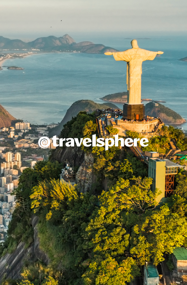 Rio de Janeiro coastline with Christ the Redeemer overlooking the city and bay at sunset. Travelsphere logo overlaid on top