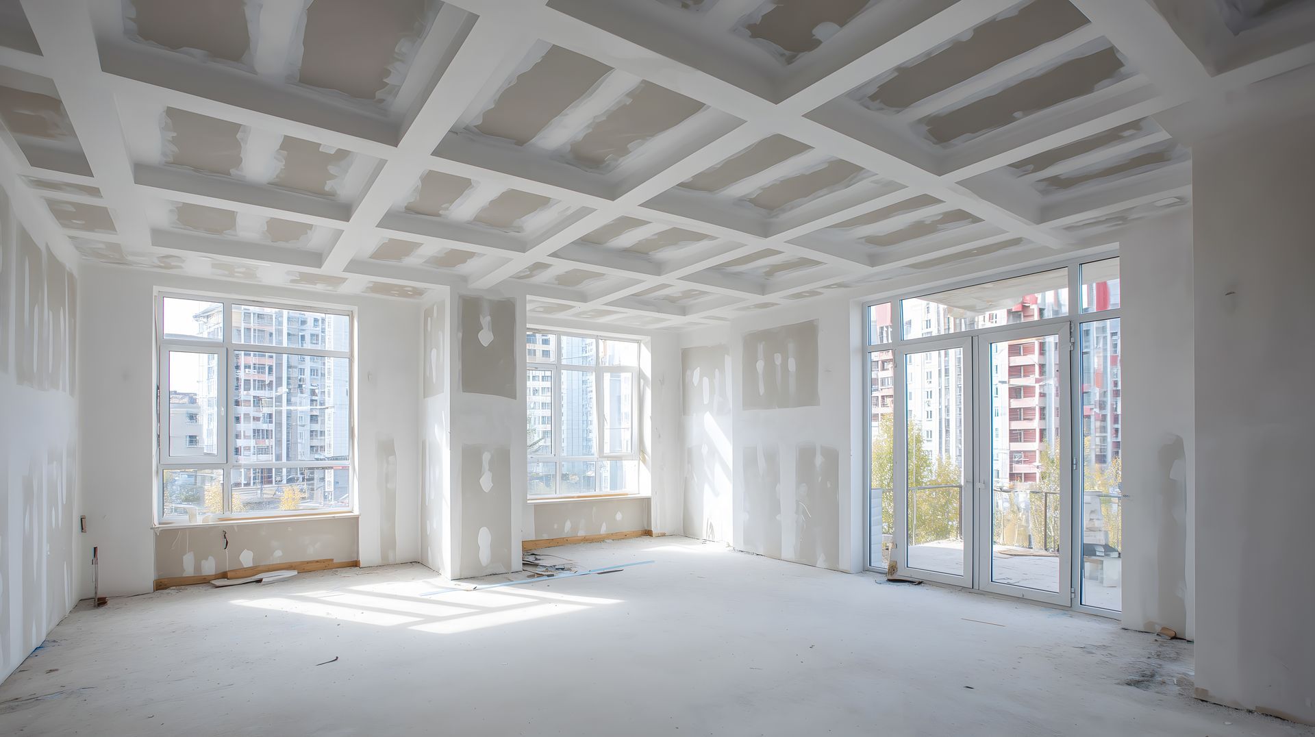 Intérieur d'appartement lumineux et inachevé, vide, avec murs blancs, plafond apparent et grandes fenêtres donnant sur les bâtiments