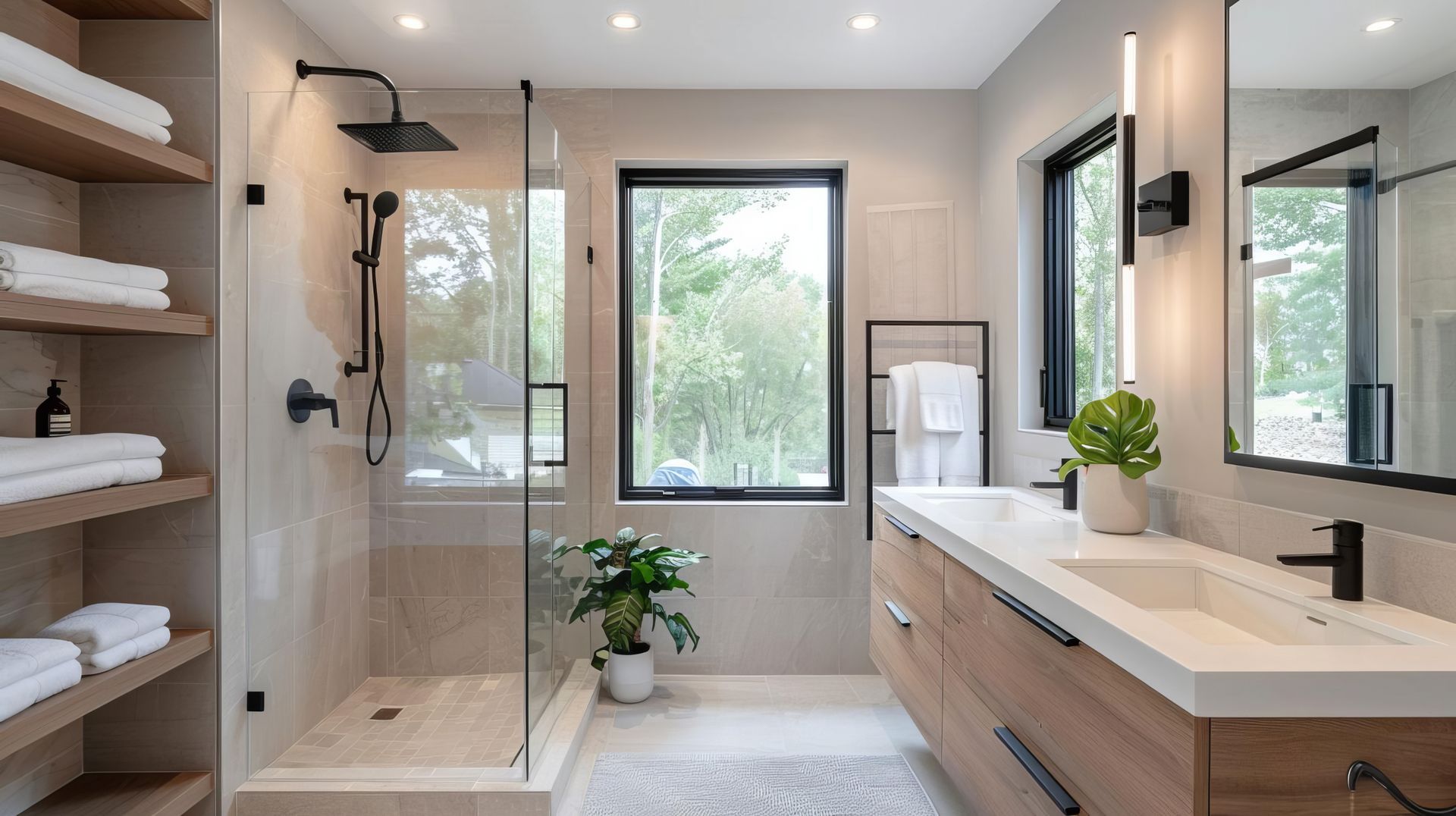 Salle de bains moderne et lumineuse avec douche, double vasque et grandes fenêtres