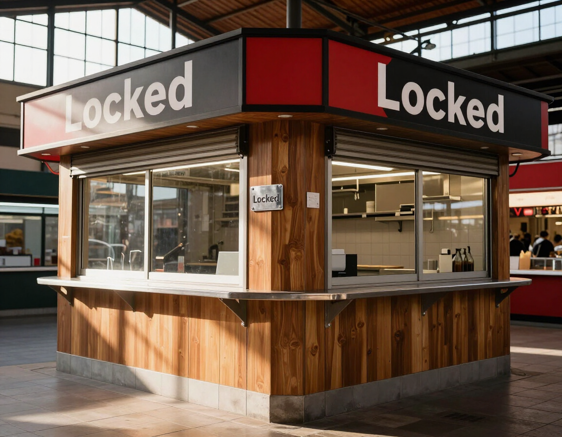 Puesto de comida cerrado con aviso de acceso denegado