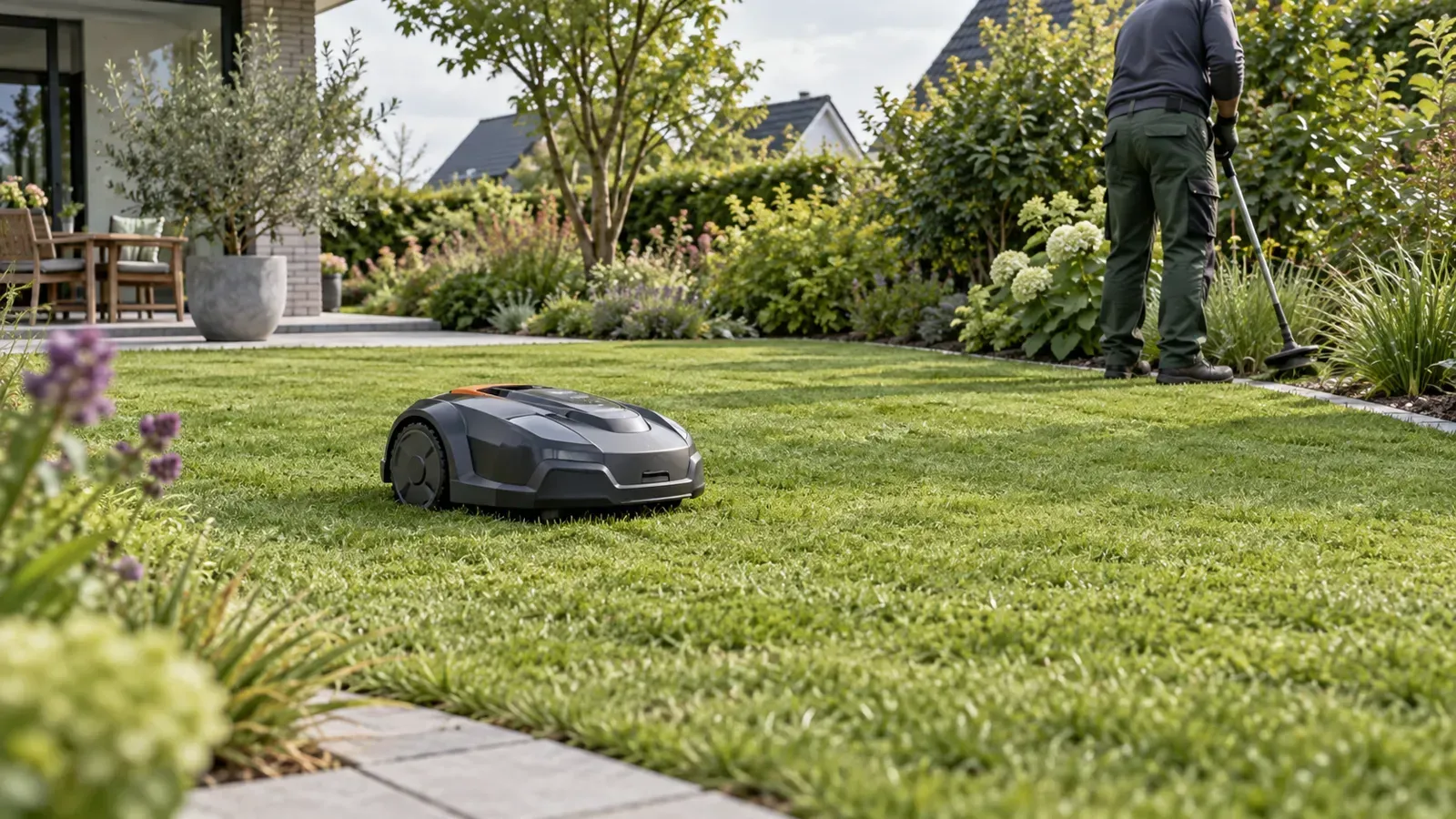 Mähroboter und professionelle Gartenpflege auf einem gepflegten Grundstück