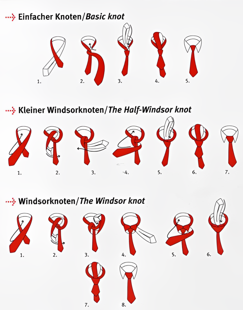 Ein Bild, das zeigt, wie man eine Krawatte auf verschiedene Arten bindet.