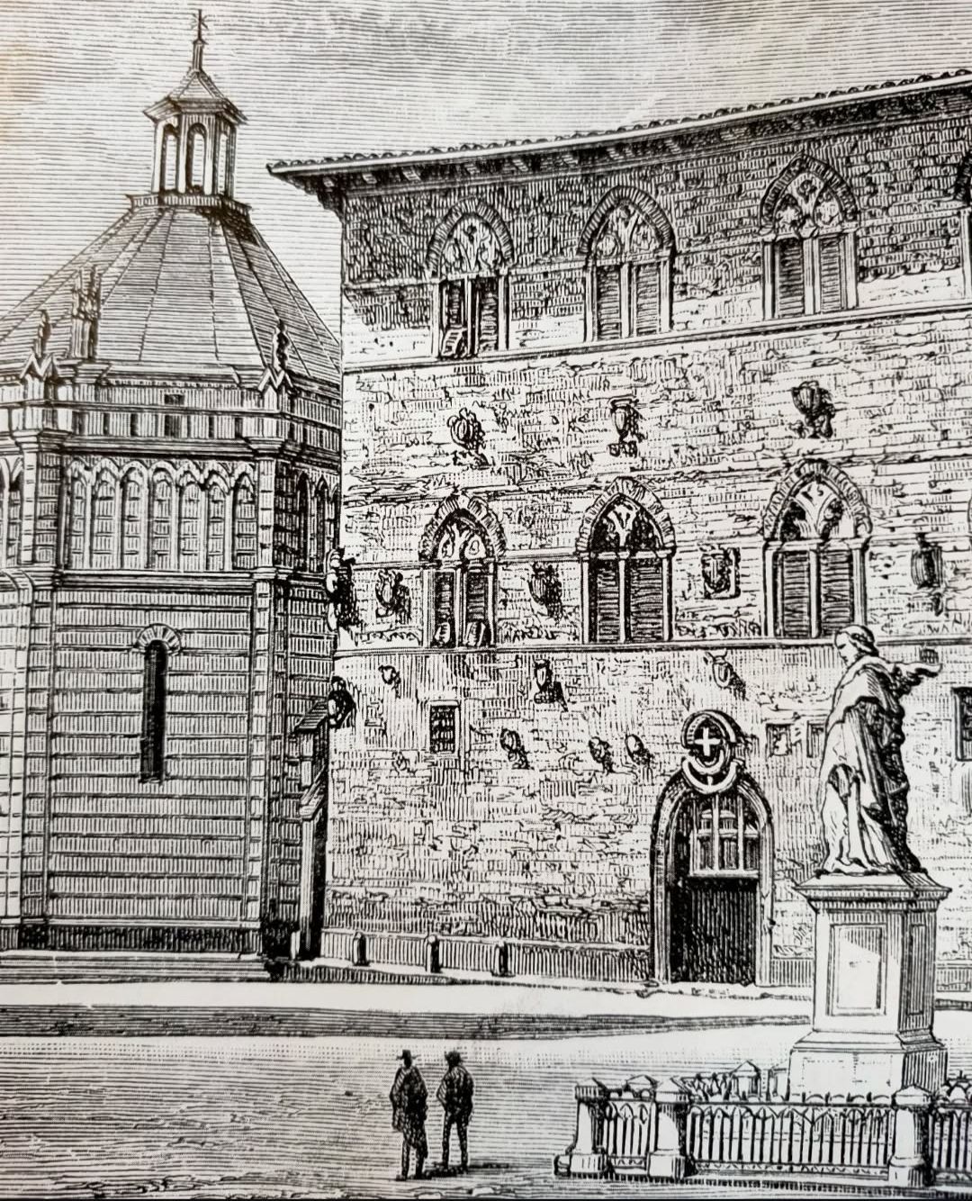 Dibujo a tinta de edificios de Florencia: Baptisterio, palacio, estatua, figuras.