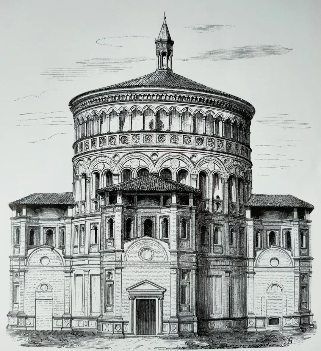 Boceto de la Basílica de San Lorenzo Maggiore en Milán, Italia, una iglesia redonda con cúpula y detalles intrincados.