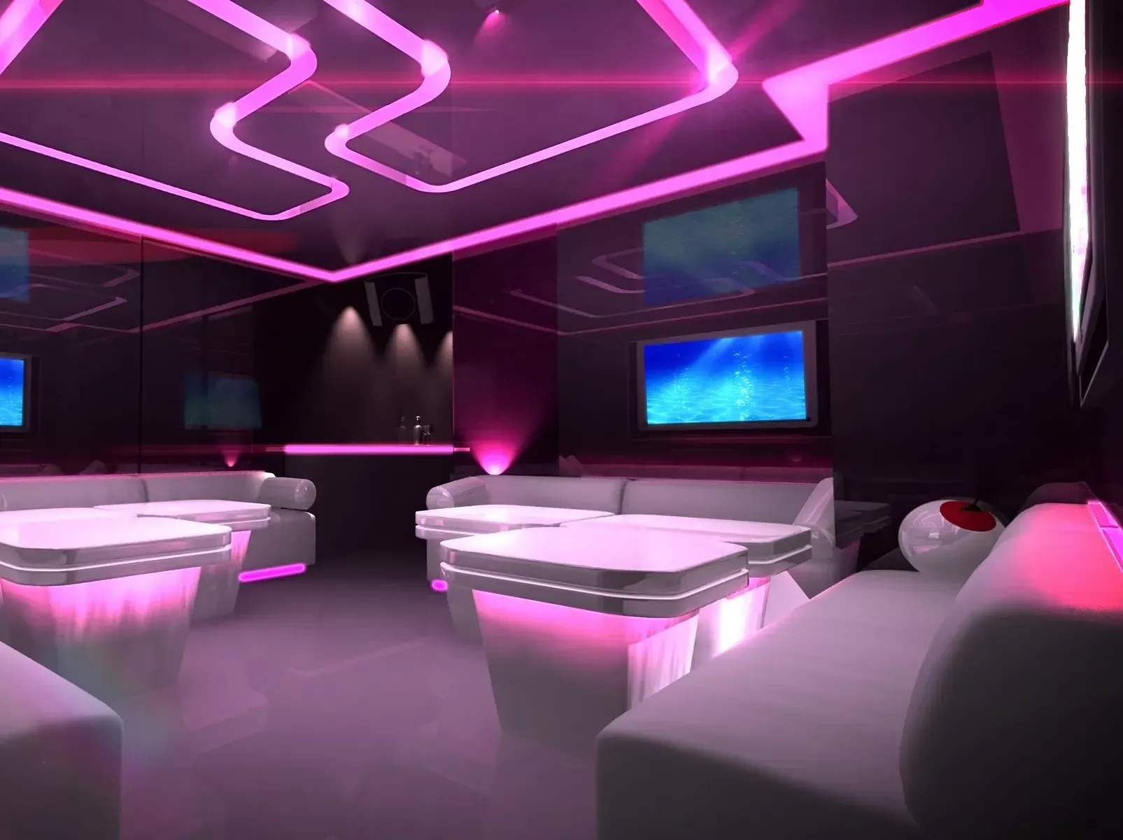 Ein Raum mit vielen rosa Lichtern an der Decke