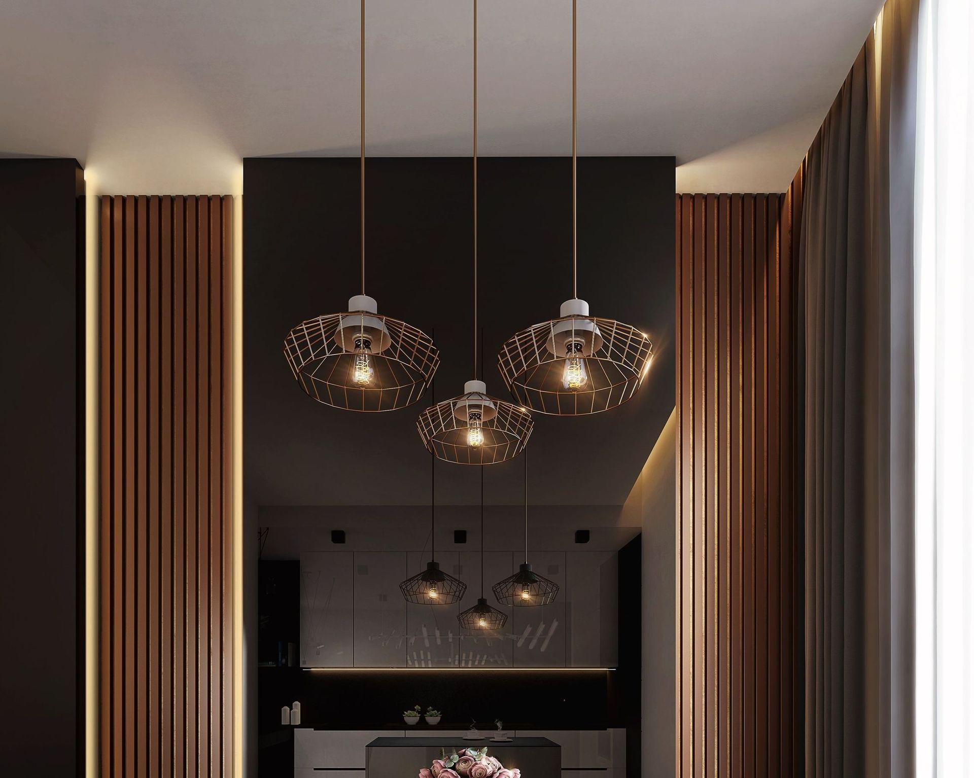 Eine Küche mit vielen Lichtern, die von der Decke hängen