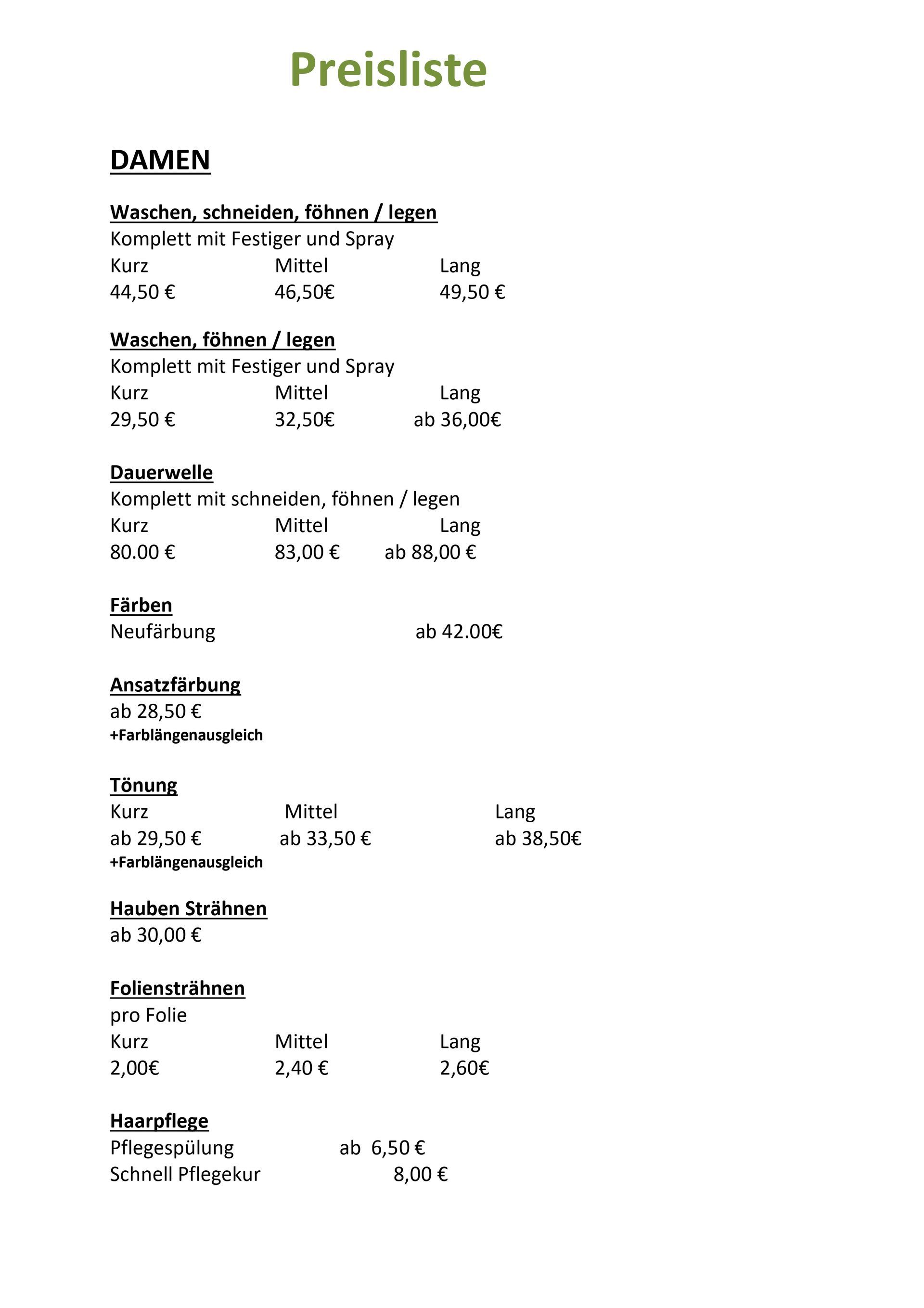 Preisliste 08/2025 | Friseur Loock | Essen Preisliste 08/2025 | Friseur Loock | Essen