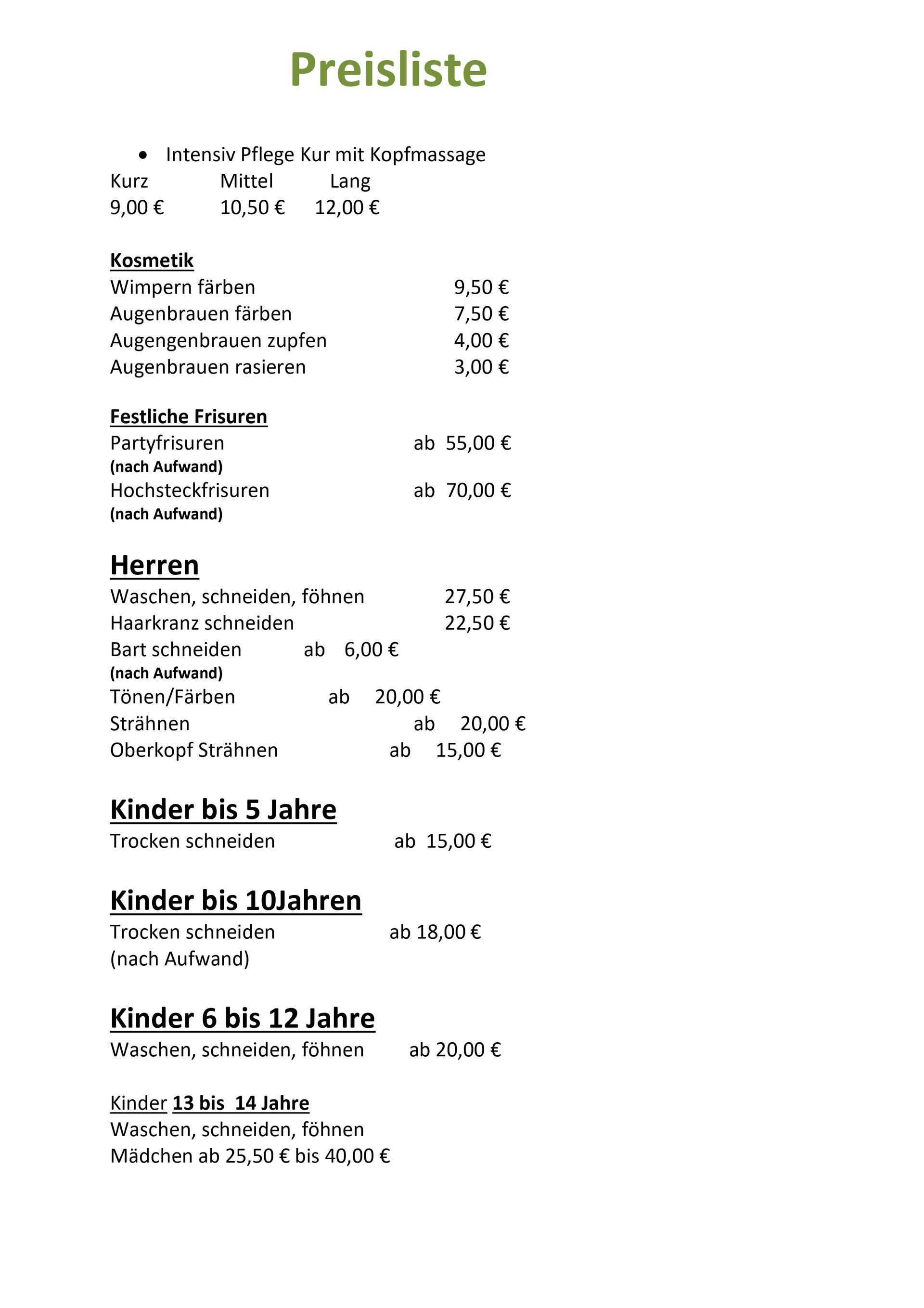 Preisliste 08/2025 | Friseur Loock | Essen Preisliste 08/2025 | Friseur Loock | Essen