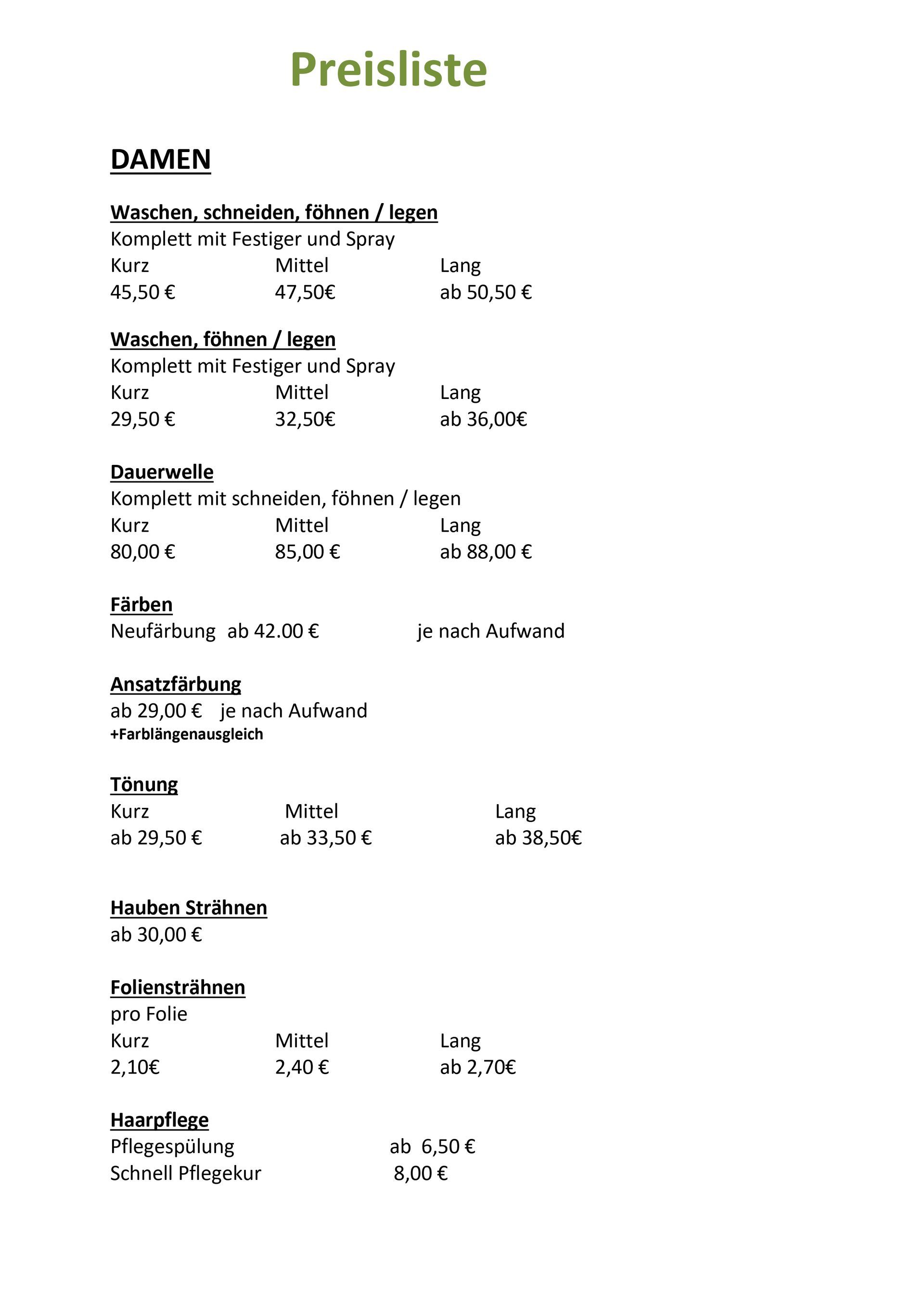 Preisliste 2026 | Friseur Loock | Essen