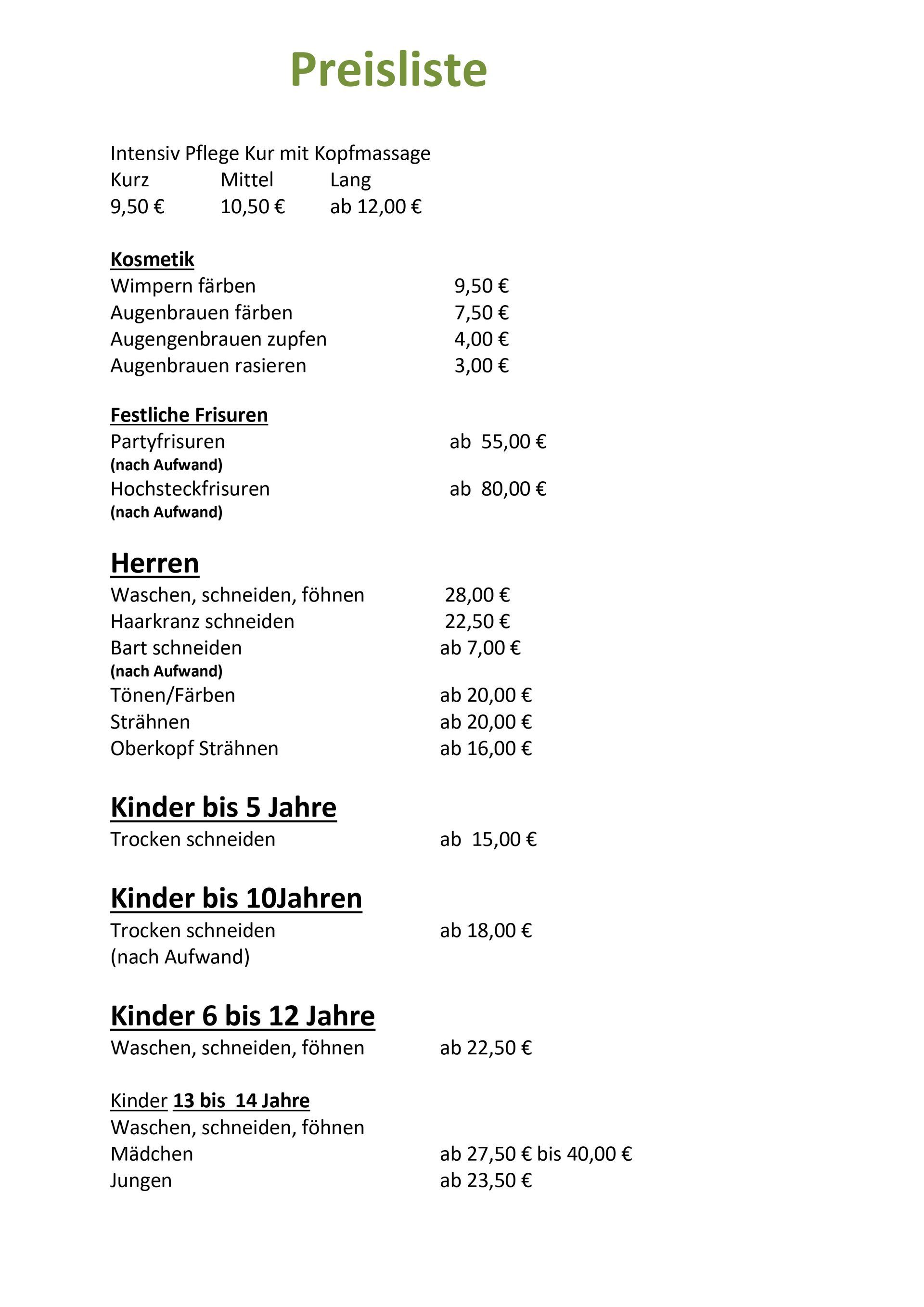 Preisliste 2026 | Friseur Loock | Essen