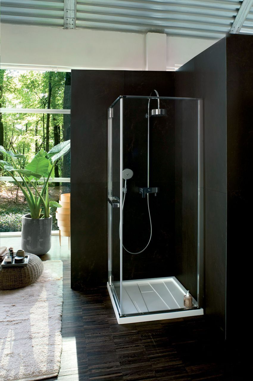 Cabine de douche ouverte avec porte en verre dans un espace intérieur moderne, à côté de grandes fenêtres et de plantes en pot.
