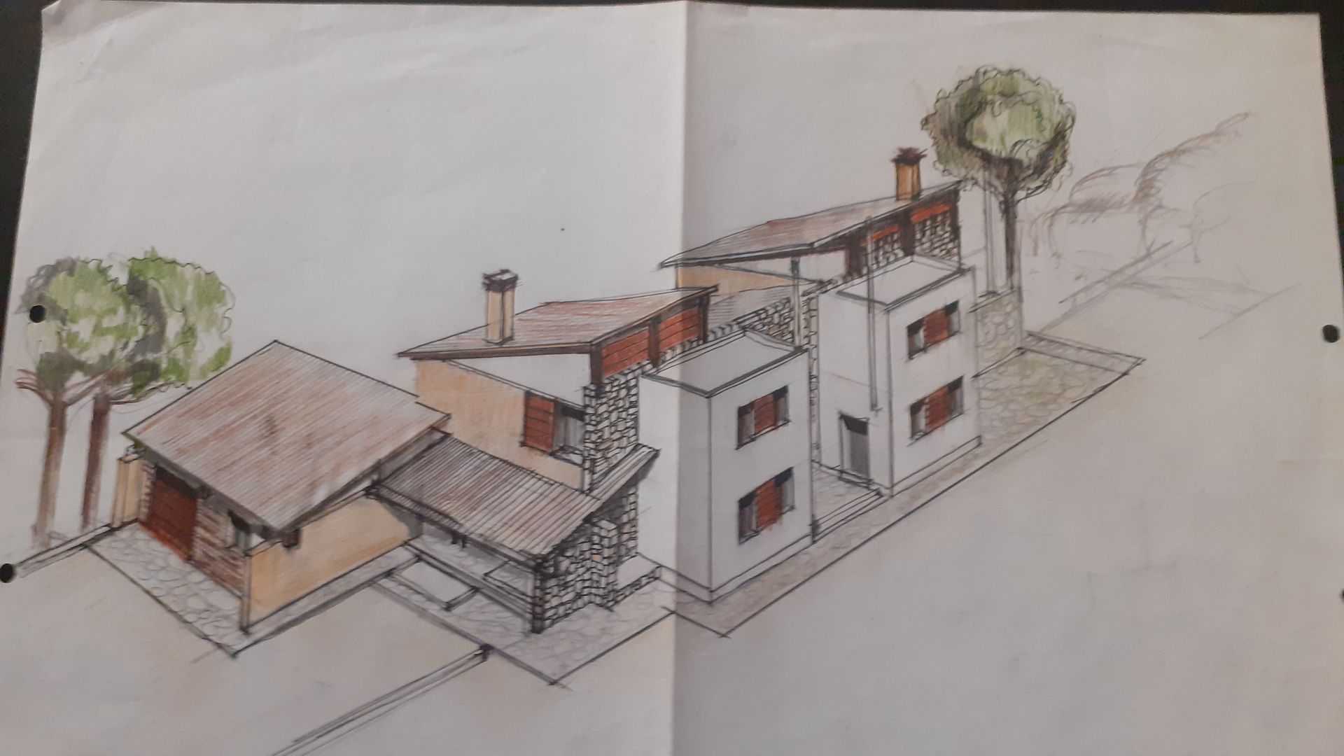 Vista en perspectiva dibujada a mano de edificios con techos marrones, paredes blancas y de piedra, árboles y un camino.