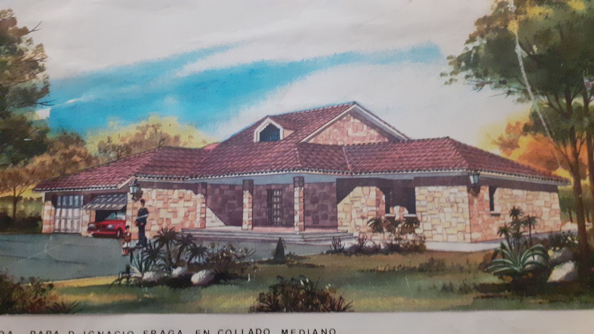 Representación en acuarela de una casa con fachada de piedra, tejado rojo y entrada arqueada. Garaje a la izquierda.