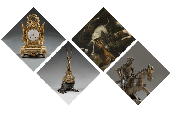 Composition de 4 photos, en commençant par la gauche avec une horloge ensuite un casque, une peinture et une sculpture d'un cavalier
