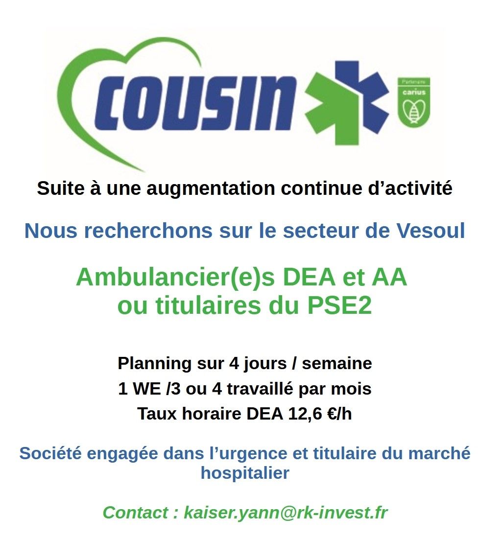 Cousin ambulances recherche ambulancier(e)s DEA et AA ou PSE2