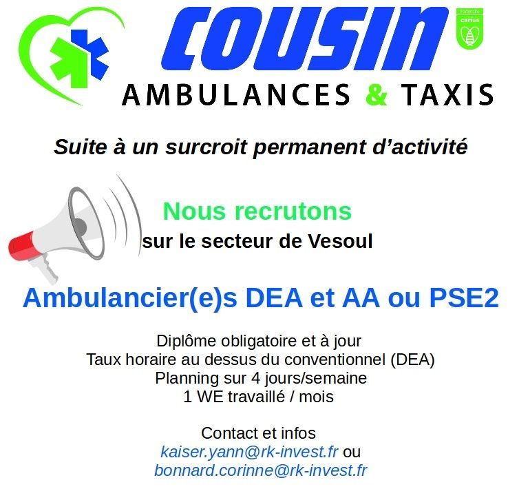 Cousin ambulances recherche ambulancier(e)s DEA et AA ou PSE2