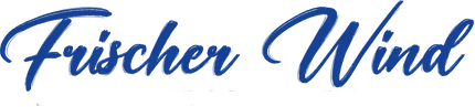 Ein blau-weißes Logo für Frischer Wind Bistro am See
