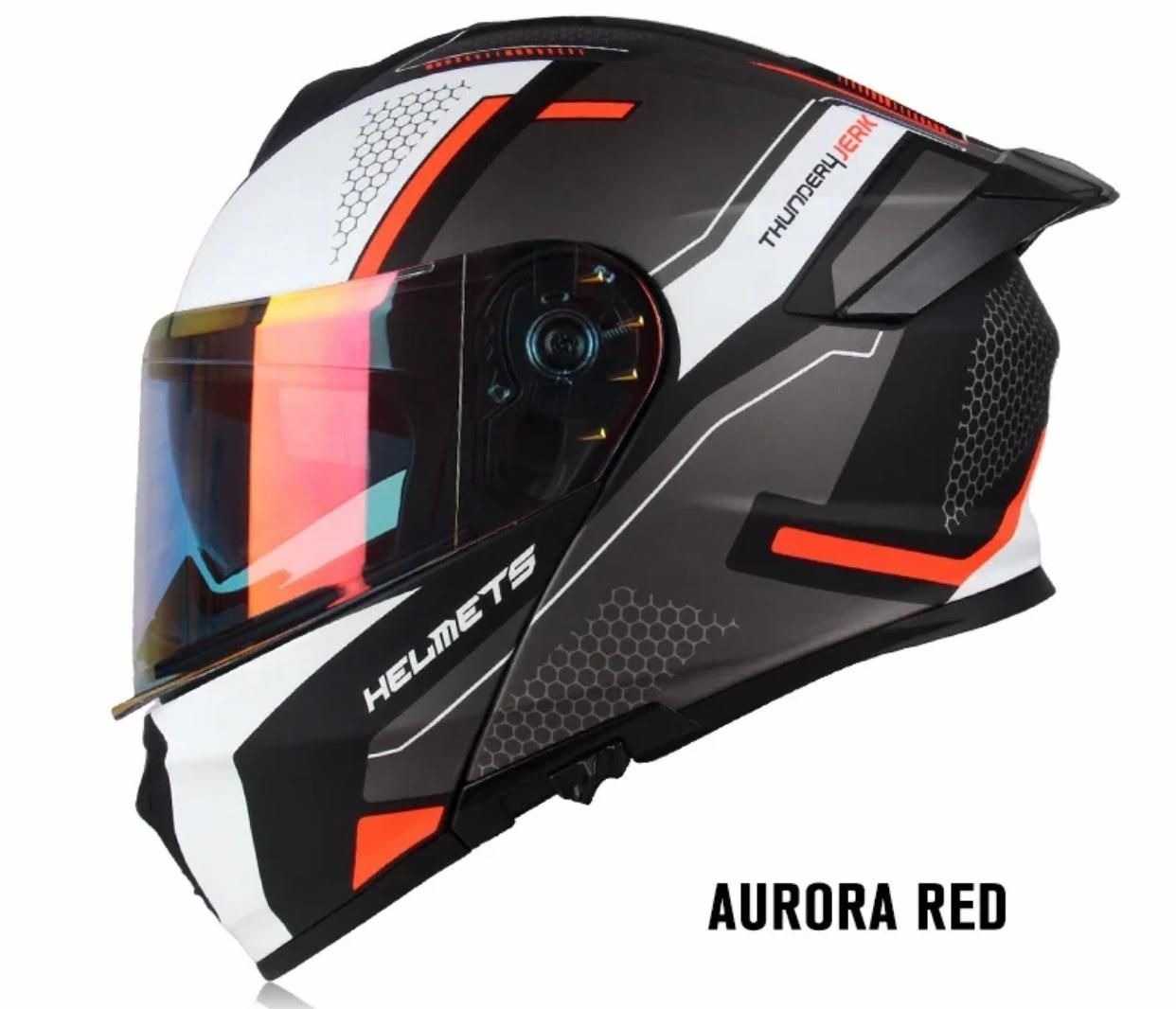 Casco de motocicleta, color rojo Aurora. Diseño en negro, blanco y naranja con visera tintada.