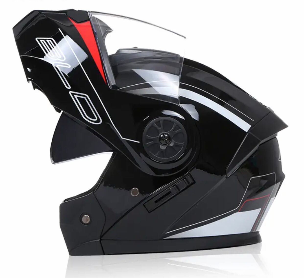 Casco de motocicleta modular negro y rojo, cara abierta, vista lateral.