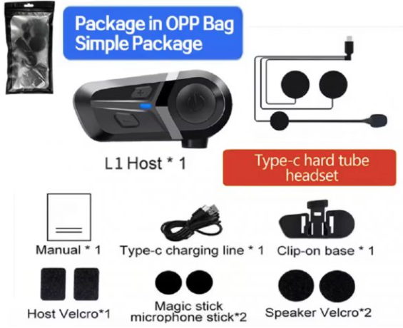 Componentes del sistema de comunicación del casco de motocicleta: host, auricular, cargador, manual, velcro y soporte.