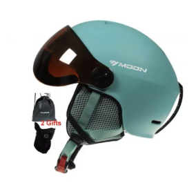 Casco de nieve azul con visera y orejeras, con bolsa con cordón y un par de guantes.