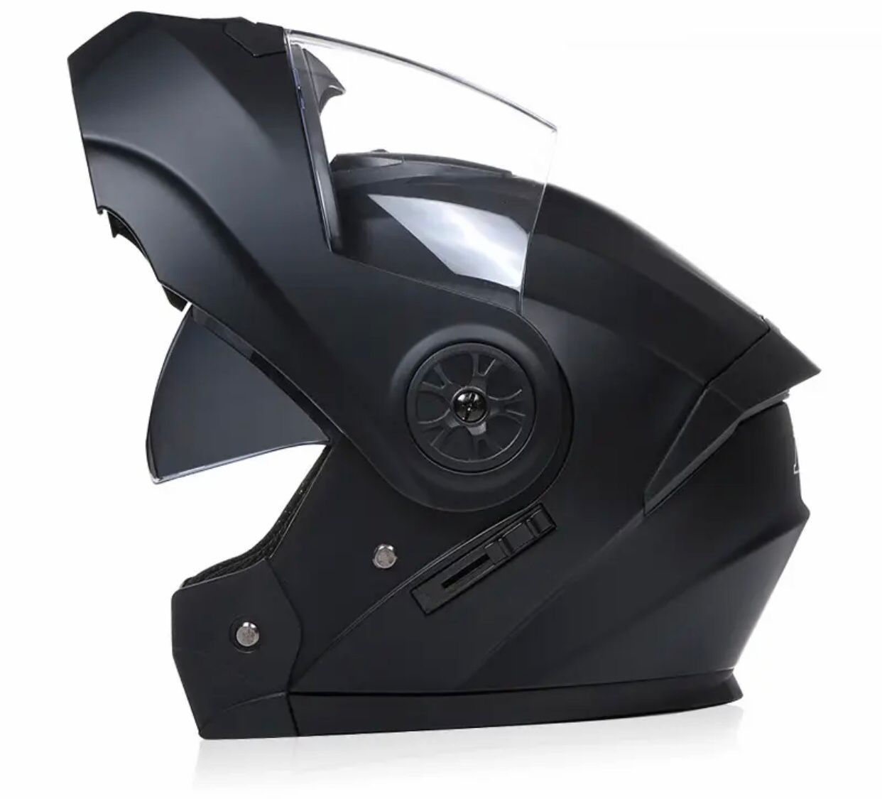 Casco de moto modular negro con visera abierta.