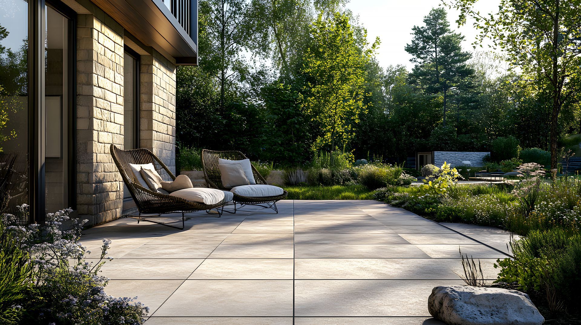 Terrasse en pierre avec deux chaises près d'un bâtiment aux murs de pierre, entourée de verdure.