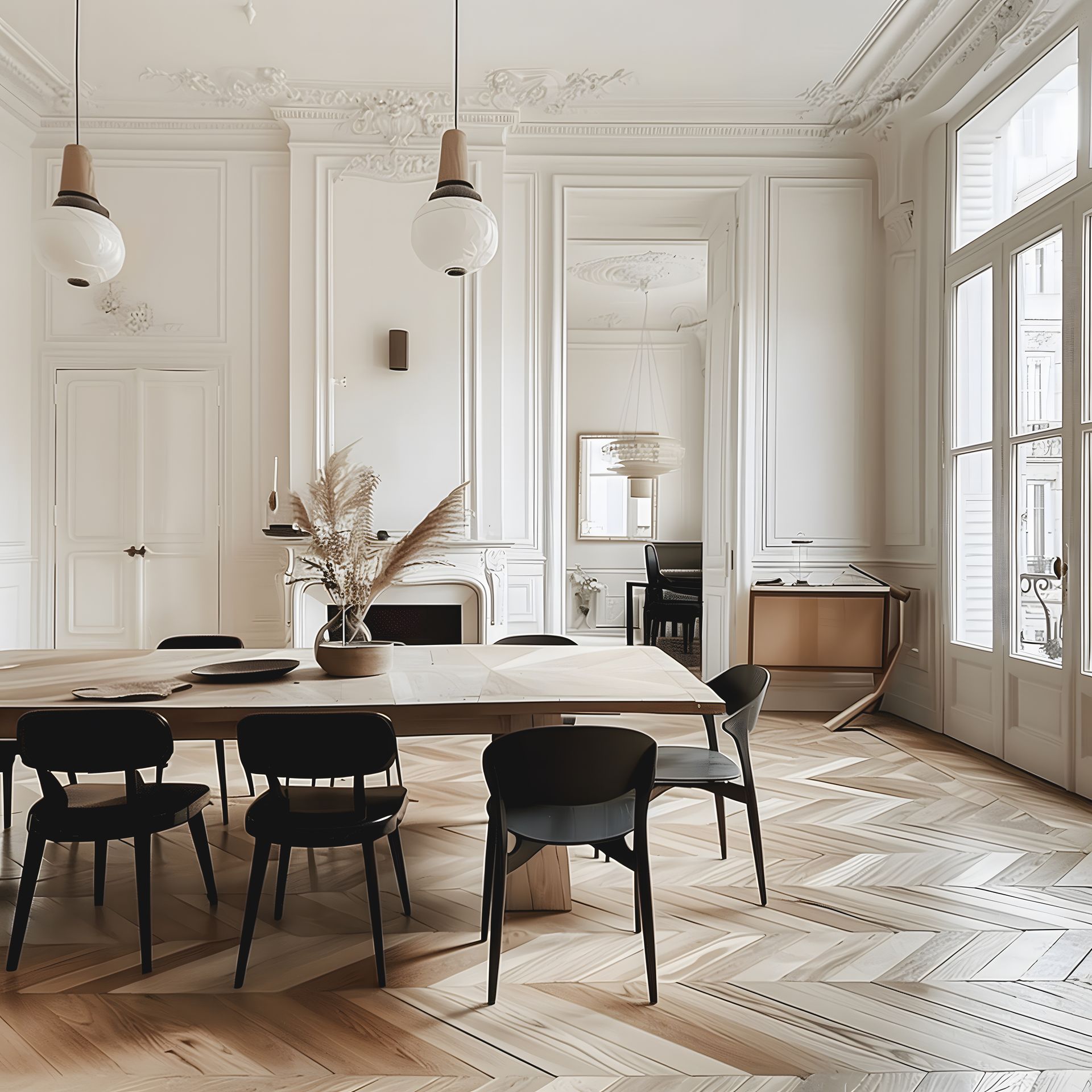 Salle à manger élégante avec parquet à chevrons, longue table en bois, chaises noires et murs blancs.