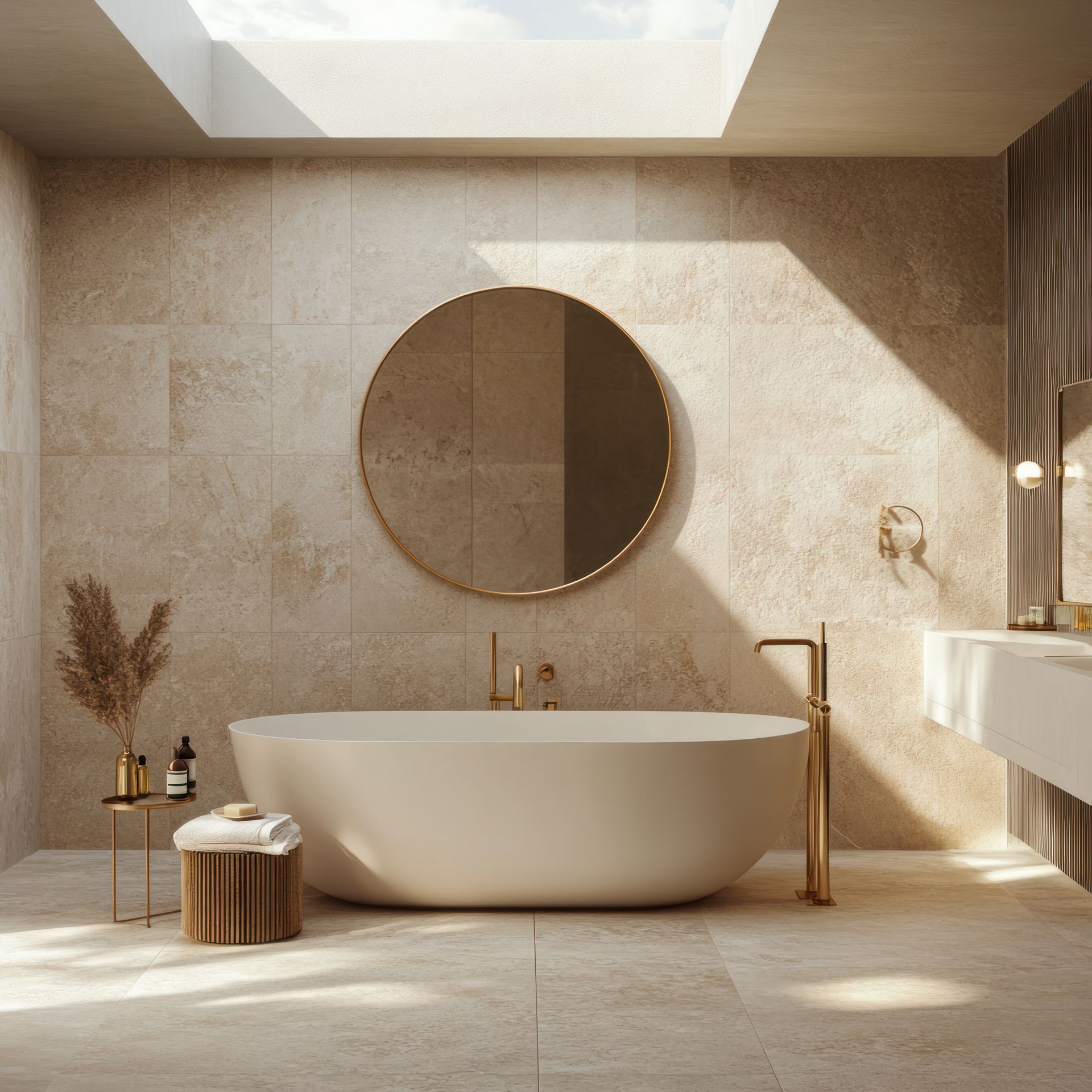 Salle de bains élégante avec baignoire ovale blanche, robinetterie dorée et grand miroir rond. La lumière naturelle inonde l'espace.