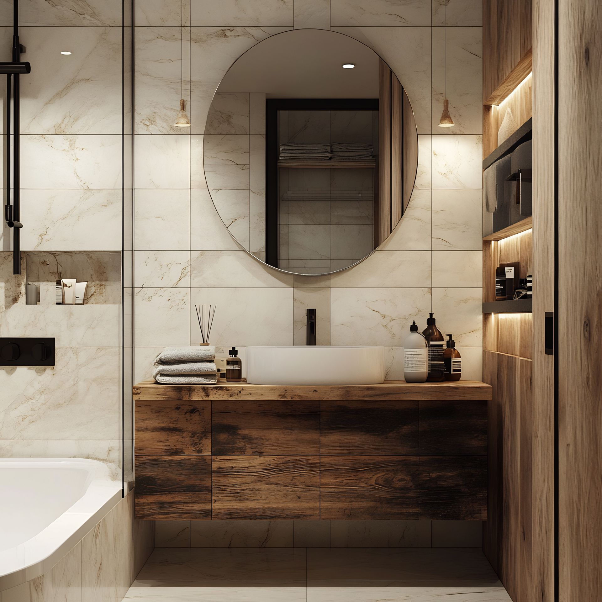 Salle de bains avec meuble-lavabo en bois, grand miroir et étagères ouvertes. Tons beiges et marron.