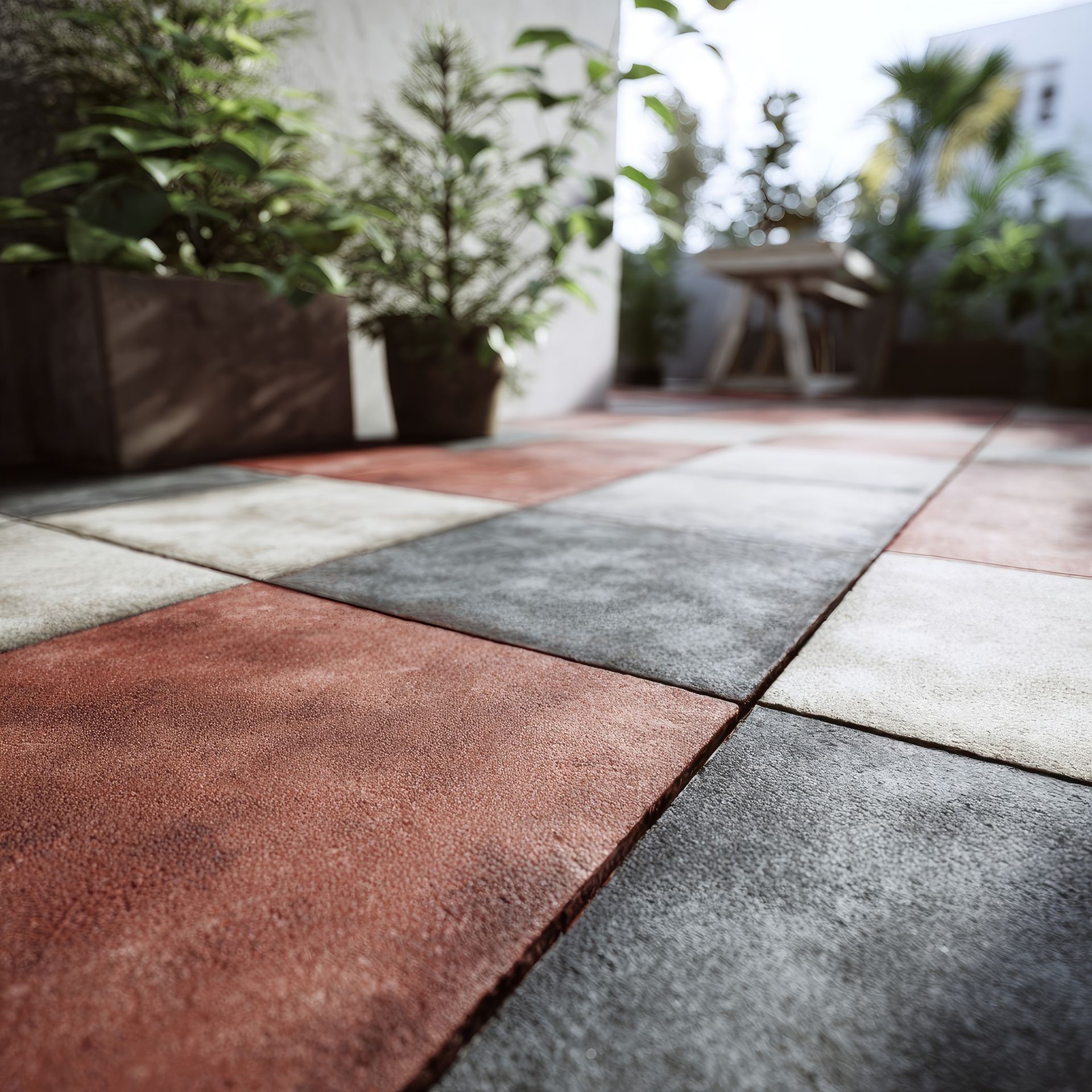 Carrelage carré rouge, gris et blanc sur une terrasse avec des plantes en pot en arrière-plan.