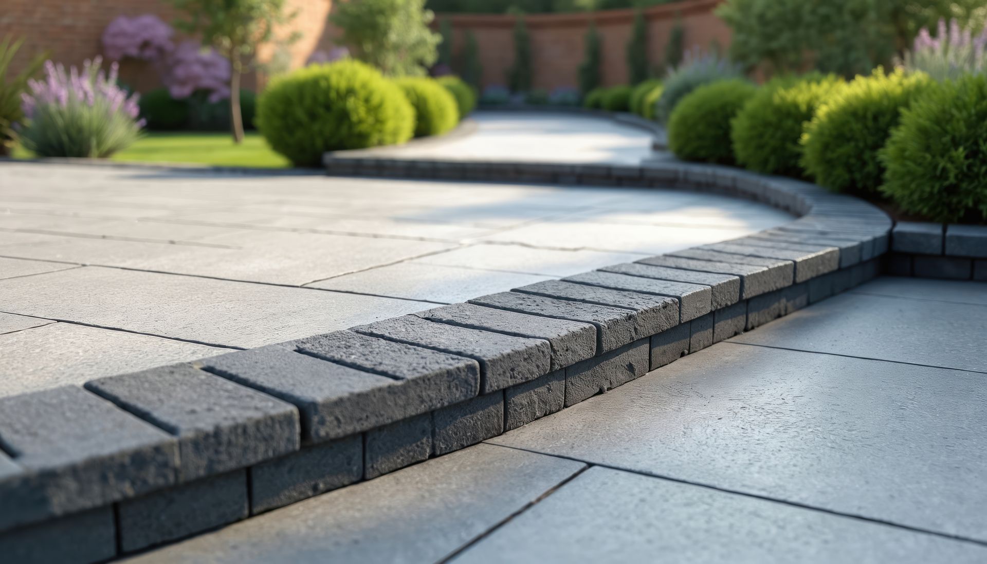 Mur de soutènement en briques grises avec terrasse en pierre et allée courbe bordée d'arbustes.