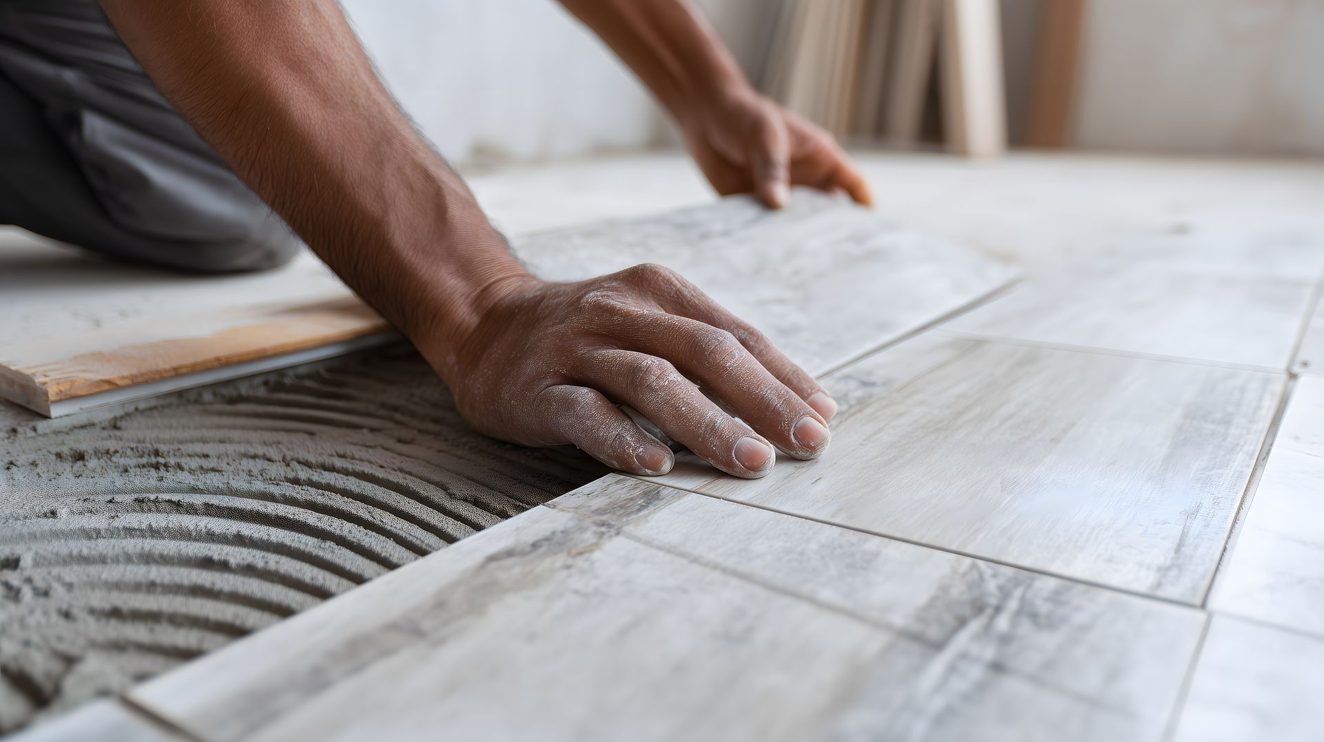 Gros plan d'une personne posant du carrelage à la main. Les carreaux sont clairs. Le mortier est visible.