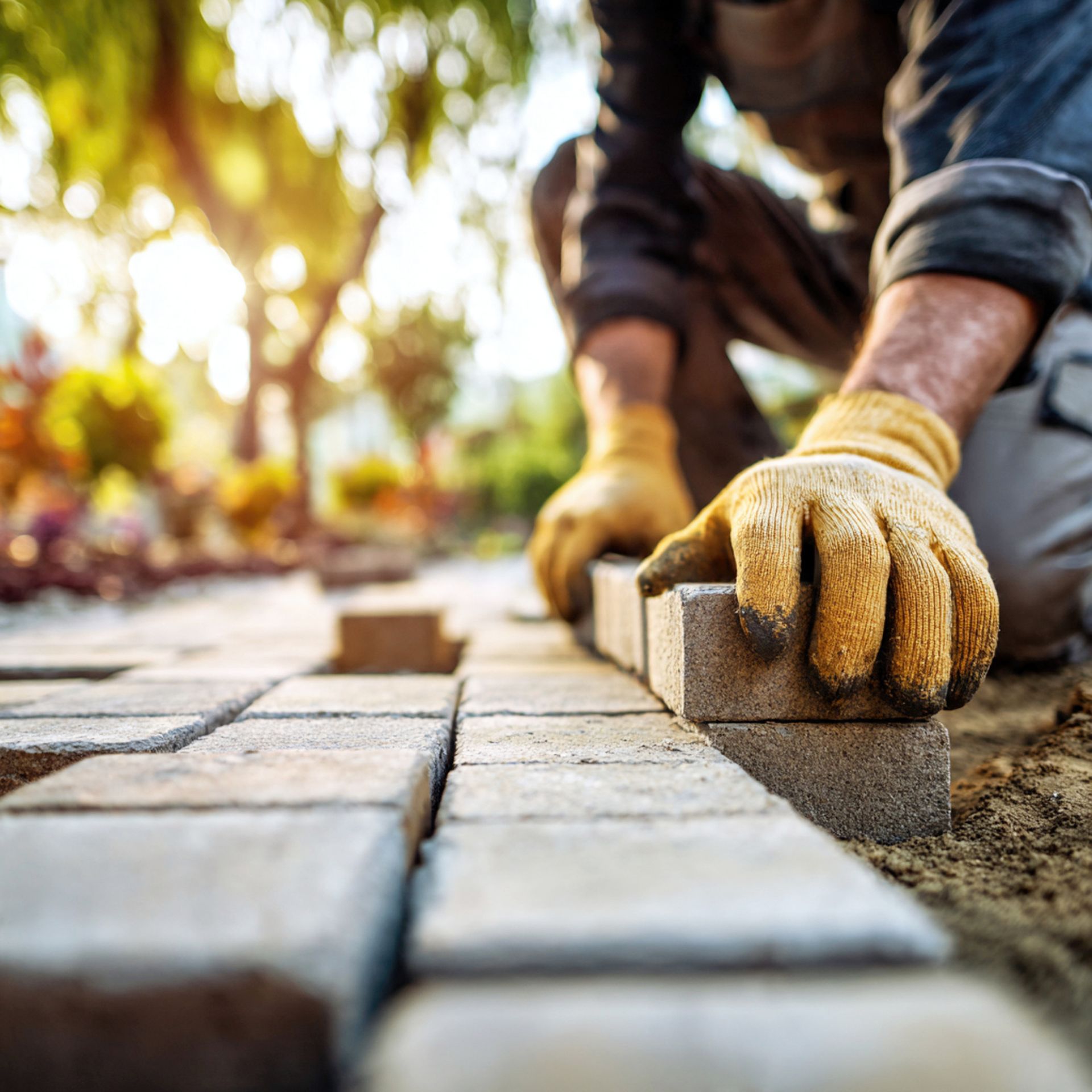 Personne portant des gants de travail posant des pavés à l'extérieur.